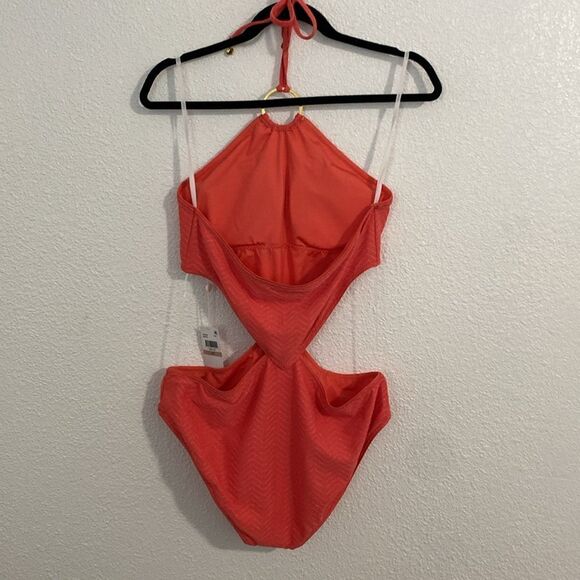 NWT-Trina Turk-Peach & gold- High Neck One Piece Swimsuit- side cut outs-Size 12 - Picture 10 of 16